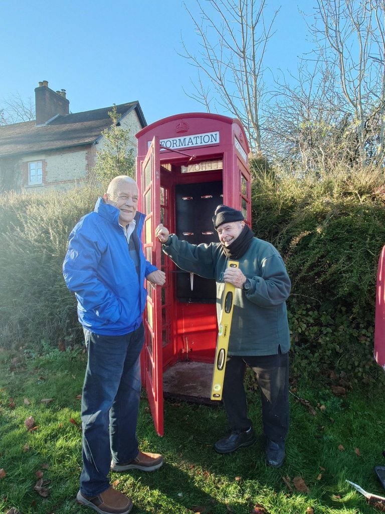 Picture of a red phone box with two men standing in front of it.